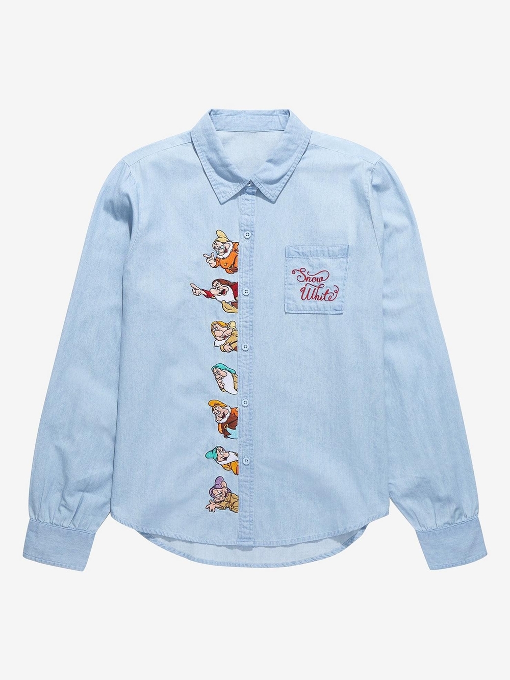 Disney Light Blue Denim Button-Down Shirt with Snow White Dwarfs